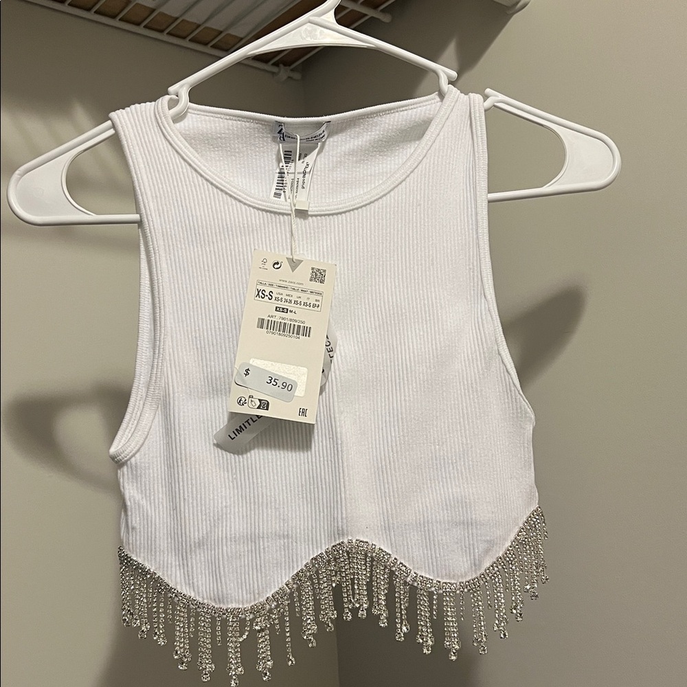 White Crop Top with Beaded Fringe